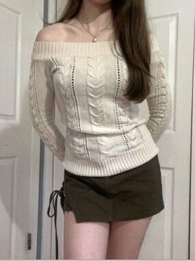 GUESS Off-the-Shoulder Cable Knit Sweater - Cream